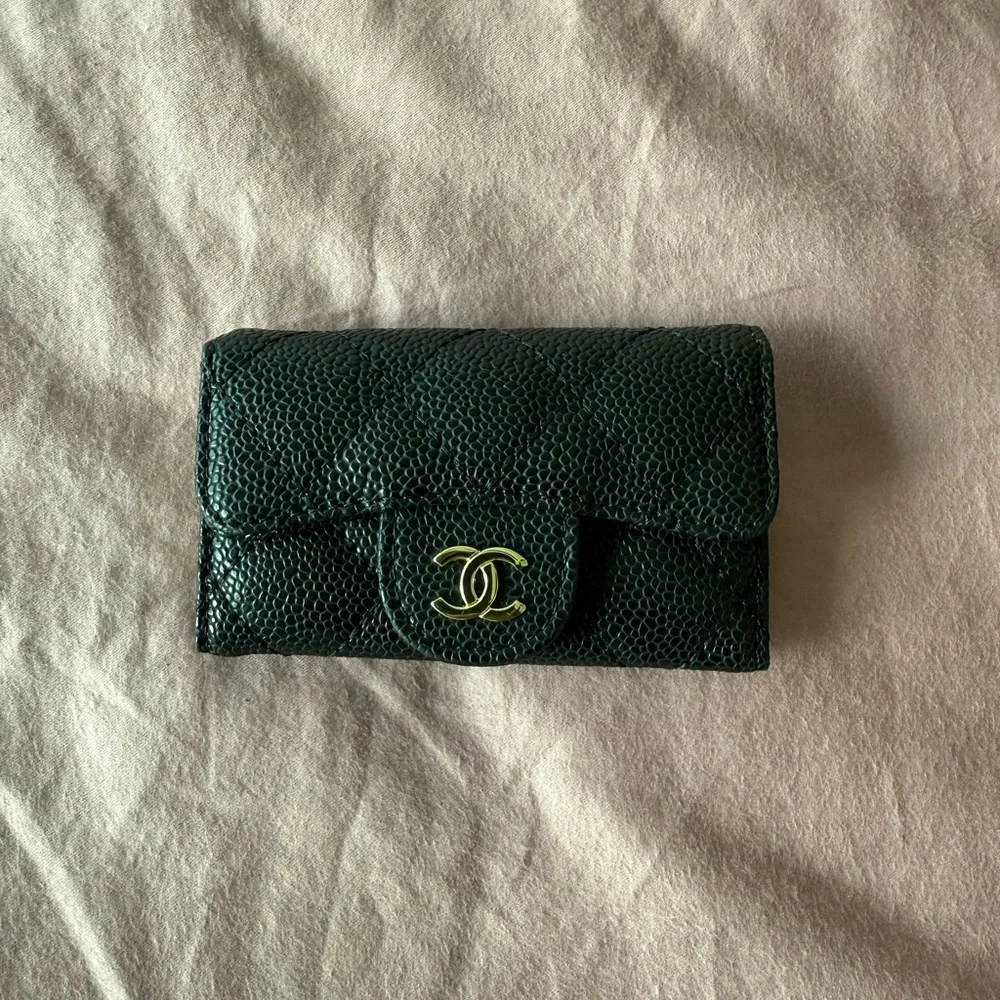 CHANEL Black Quilted Caviar Leather Key Holder with Gold CC